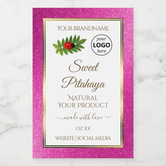Roze Glitter Witte Productlabels Gouden Frame Logo Voedselcontainer Etiket (Enkel label)