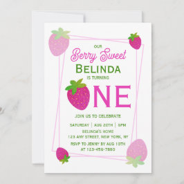 Roze Glitter Y2K Aardbei 1e Verjaardag Kaart