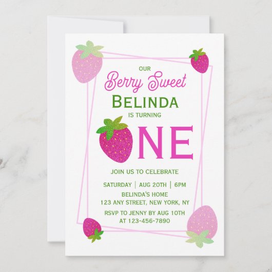 Roze Glitter Y2K Aardbei 1e Verjaardag Kaart (Voorkant)