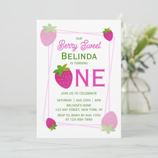 Roze Glitter Y2K Aardbei 1e Verjaardag Kaart (Staand voorkant)