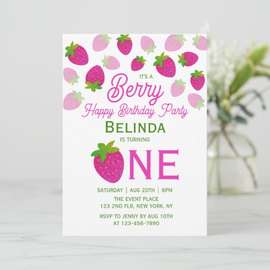 Roze Glitter Y2K Aardbei 1e Verjaardag Kaart (Staand voorkant)