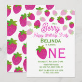 Roze Glitter Y2K Aardbei 1e Verjaardag Kaart (Voorkant / Achterkant)