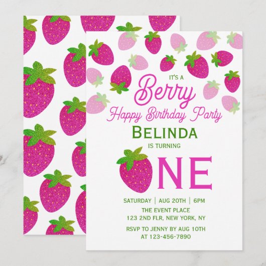 Roze Glitter Y2K Aardbei 1e Verjaardag Kaart (Voorkant / Achterkant)