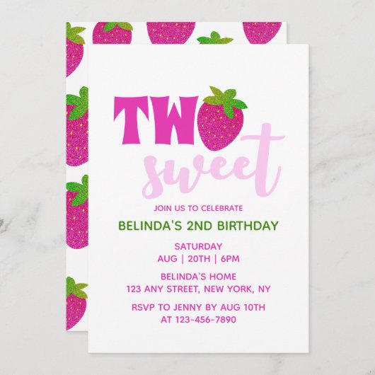 Roze Glitter Y2K Aardbei Twee Zoete 2e Verjaardag Kaart (Voorkant / Achterkant)