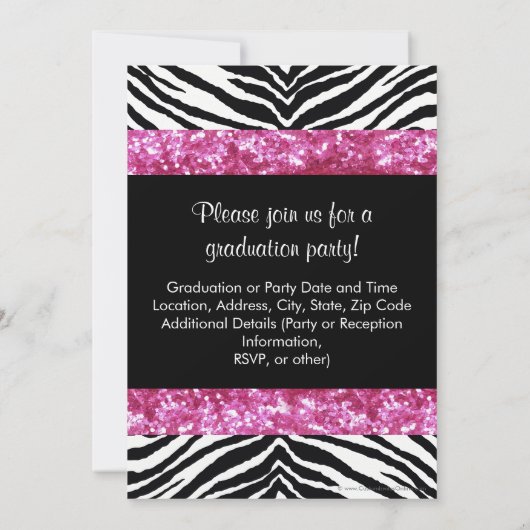 Roze Glitter Zebra Bow Afstuderen nodigt uit Kaart (Achterkant)