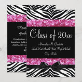 Roze Glitter Zebra Bow Afstuderen nodigt uit Kaart (Voorkant / Achterkant)