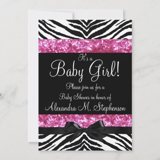 Roze Glitter Zebra Bow Baby shower Meisje Kaart (Voorkant)