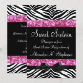 Roze Glitter Zebra Bow Sweet Sixteen Kaart (Voorkant / Achterkant)