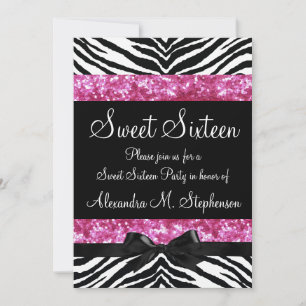 Roze Glitter Zebra Bow Sweet Sixteen Kaart