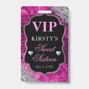 Roze Glitter Zeemeermin Letters Sweet Sixteen VIP Badge
