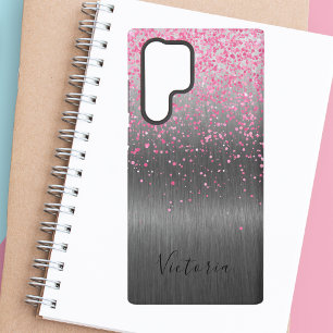 Roze Glitter Zilver Metaal Gepersonaliseerde Glam Samsung Galaxy Hoesje