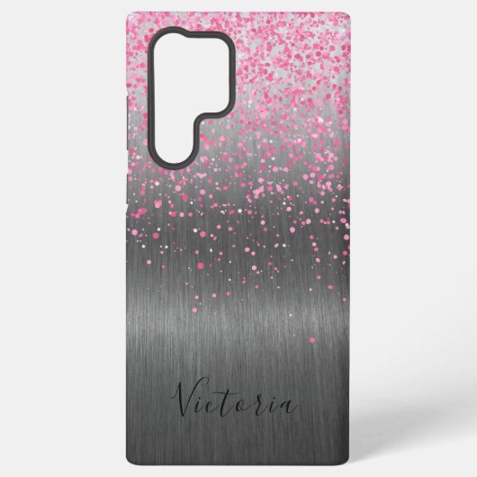 Roze Glitter Zilver Metaal Gepersonaliseerde Glam Samsung Galaxy Hoesje (Achterkant)
