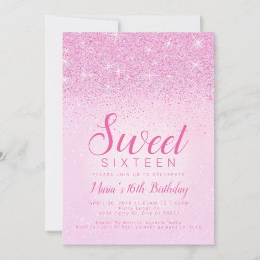 Roze glitter, zoete 16 uitnodigingen (Voorkant)