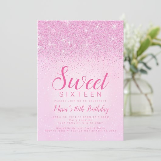 Roze glitter, zoete 16 uitnodigingen (Staand voorkant)