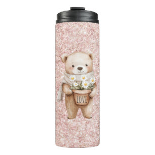 Roze Glitter Zoete Beer Madeliefjes Bloemen Thermosbeker