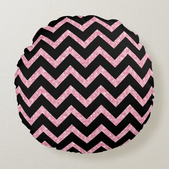 Roze Glitter Zwart Chevron Zigzag Patroon Rond Kussen (Voorkant)
