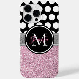 Roze Glitter Zwart en Wit Stippen Monogram Case-Mate iPhone 14 Pro Max Hoesje