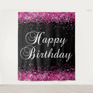 Roze Glitter Zwart Gelukkig Verjaardag Wandkleed