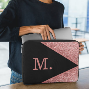 Roze glitter zwart monogram laptop sleeve