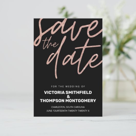 Roze Glitter Zwart Trendy Elegant Huwelijk Save The Date (Staand voorkant)