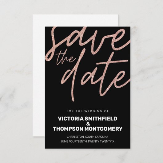 Roze Glitter Zwart Trendy Elegant Huwelijk Save The Date (Voorkant / Achterkant)