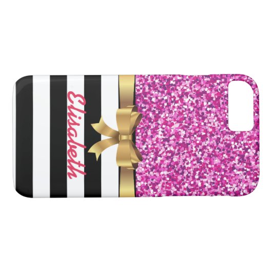 ROZE GLITTER ZWART witte streep GOLD BOW MONOGRAM Case-Mate iPhone Case (Achterkant (Horizontaal))