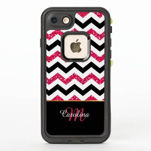Roze glitter, zwarte Chevron, gepersonaliseerd (Achterkant)