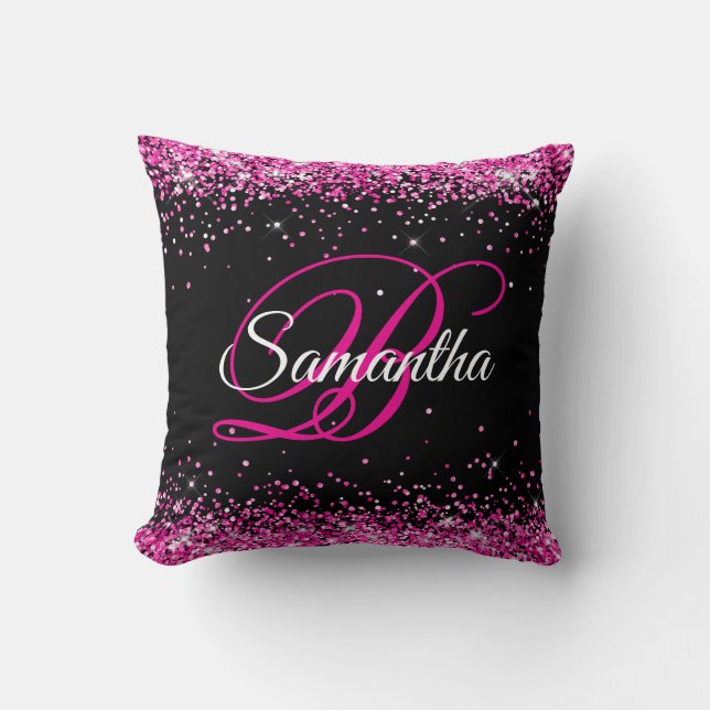 Roze Glitter Zwarte Fantasie Monogram Kussen (Voorkant)