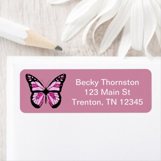 Roze glitterachtige vlinder retour adres label (Insitu)