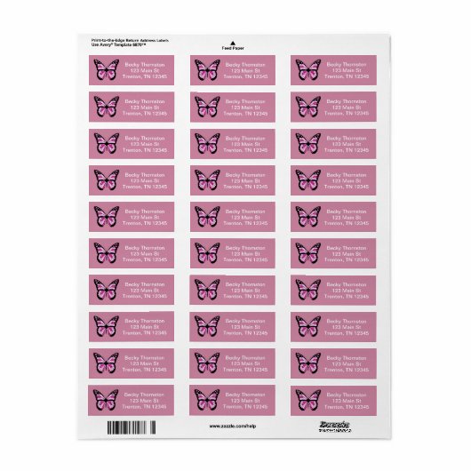 Roze glitterachtige vlinder retour adres label (Full Sheet)