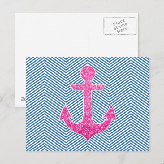 Roze glitteranker blauw chevron briefkaart (Voorkant / Achterkant)