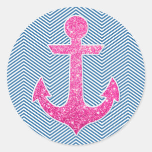 Roze glitteranker blauw chevron ronde sticker