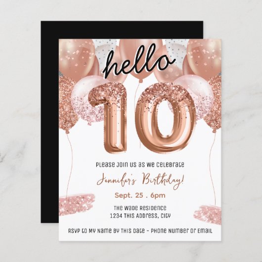 Roze Glitterballonnen 10e verjaardagsfeestje (Voorkant / Achterkant)