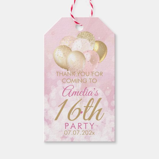 Roze Glitterballonnen 16e Verjaardagscadeau Labels Cadeaulabel (Voorkant)