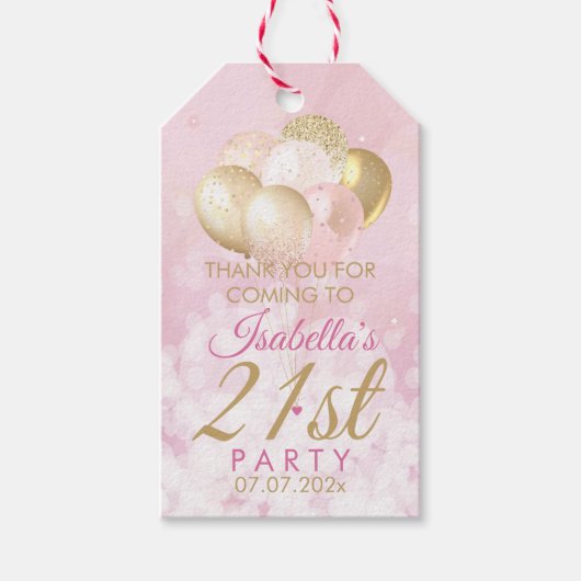 Roze Glitterballonnen 21e Verjaardag Cadeautags Cadeaulabel (Voorkant)