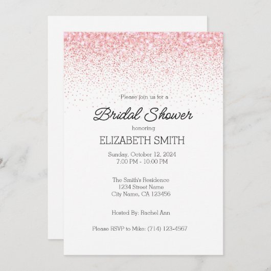 Roze Glitterde Bruidsdouche Uitnodiging Sjabloon (Voorkant / Achterkant)