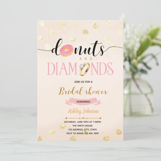 Roze glitterdonuts en diamantuitnodiging kaart (Staand voorkant)