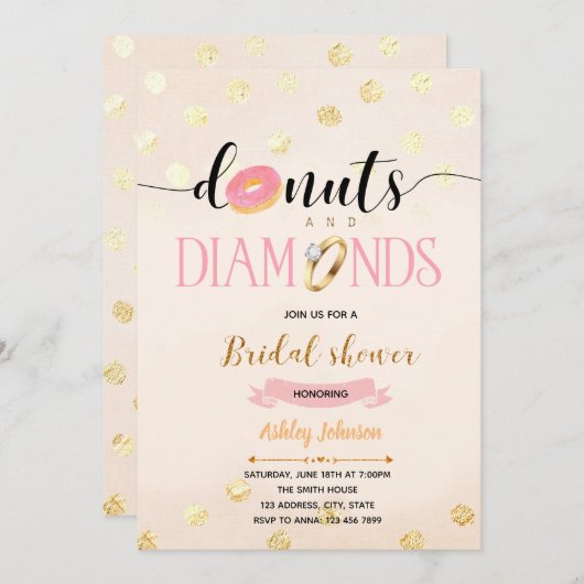 Roze glitterdonuts en diamantuitnodiging kaart (Voorkant / Achterkant)