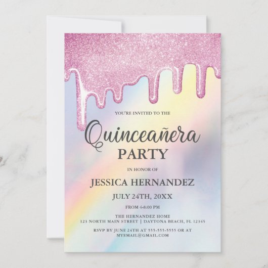 Roze glitterdrift regenboogholografisch Quinceañer Kaart (Voorkant)