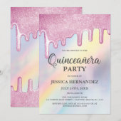 Roze glitterdrift regenboogholografisch Quinceañer Kaart (Voorkant / Achterkant)