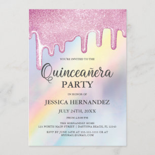 Roze glitterdrift regenboogholografisch Quinceañer Kaart