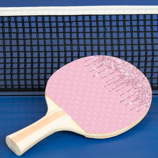 Roze glitterdrip spartelend monogram patroon tafeltennisbatje (Insitu)
