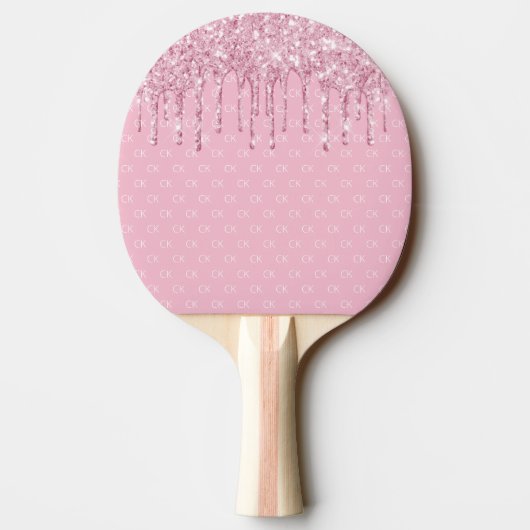 Roze glitterdrip spartelend monogram patroon tafeltennisbatje (Achterkant)