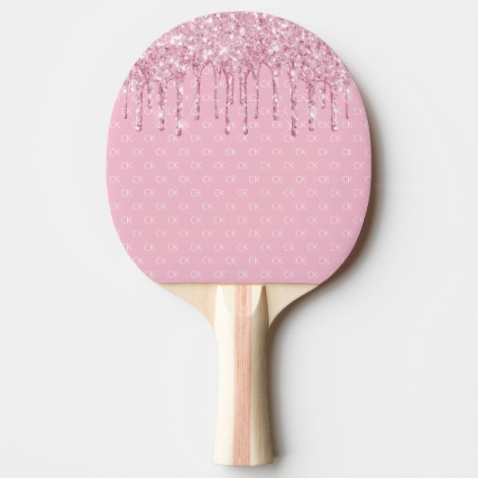 Roze glitterdrip spartelend monogram patroon tafeltennisbatje (Voorkant)