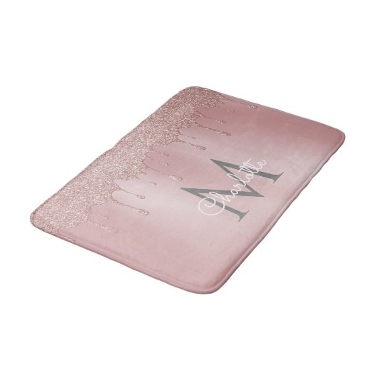 Roze Glitterdruppels Monogram Chic Script Badmat (Gekanteld)