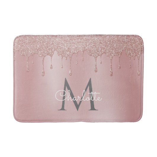 Roze Glitterdruppels Monogram Chic Script Badmat (Voorkant)