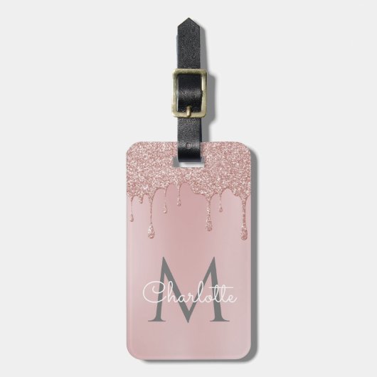 Roze Glitterdruppels Monogram Elegant Meisjesachti Bagagelabel (Voorkant verticaal)