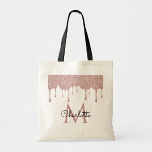 Roze Glitterdruppels Monogram Elegant Meisjesachti Tote Bag