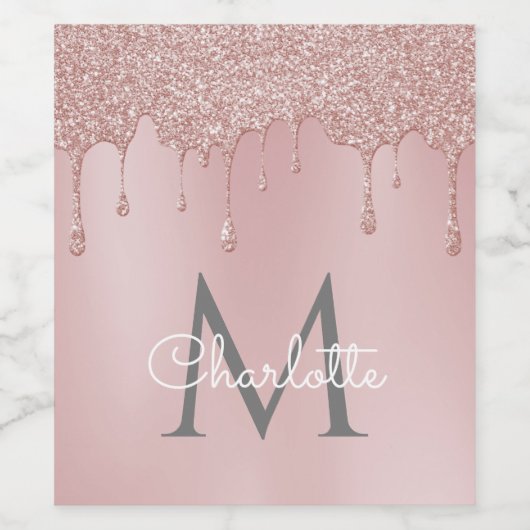 Roze Glitterdruppels Monogram Elegante Script Wijn Etiket (Enkel label)