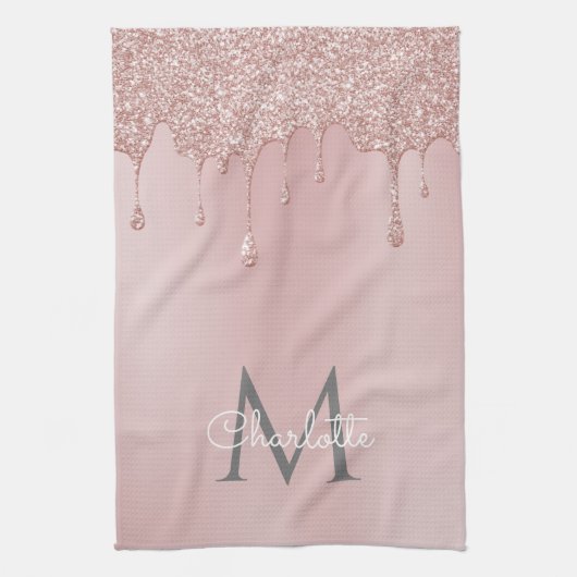 Roze Glitterdruppels Monogram Meisjesachtig Schrif Theedoek (Verticaal)